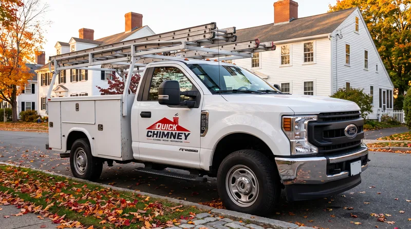 Quick Chimney service truck with ladder rack parked outside a New England home